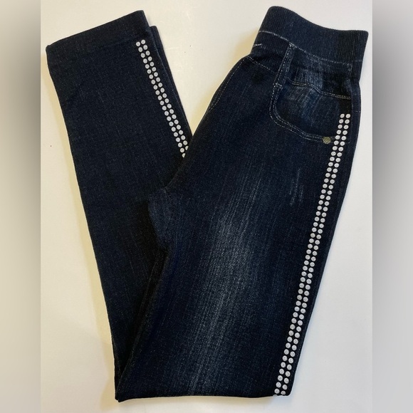 Stretchy faux jeans jeggings w printed faux pockets rhinestones buttons size XS - Picture 3 of 9